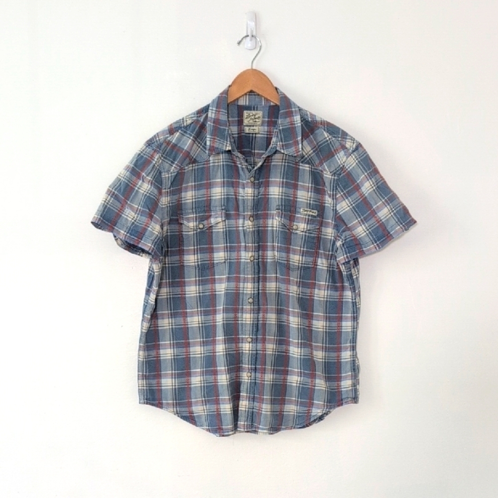 Lucky Brand Western Snap Button Down Short Sleeve Blue Orange Plaid Shirt Large